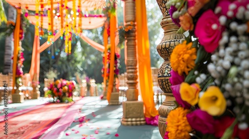 Vibrant Mehndi decorations adorned with an array of colorful blooms  adding a festive touch to the ceremonial space