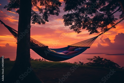 Dusk Calm  A hammock hanging between two trees at dusk, top view, restful dusk, advanced tone, Triadic Color Scheme photo