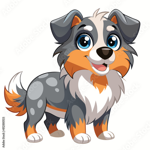 A cute little dog of the Aussie Shepherd breed with striking big blue eyes, looking endearingly at the camera, Charming Aussie Shepherd Cartoon