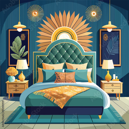 A chic bedroom featuring a neatly made bed and two stylish lamps creating a cozy atmosphere, Chic and cozy bedroom with statement headboard and plush bedding