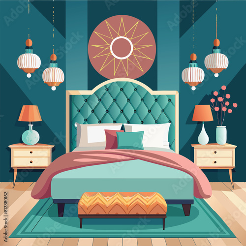 A stylishly arranged bedroom featuring a well-made bed and matching bedside lamps, Chic and cozy bedroom with statement headboard and plush bedding