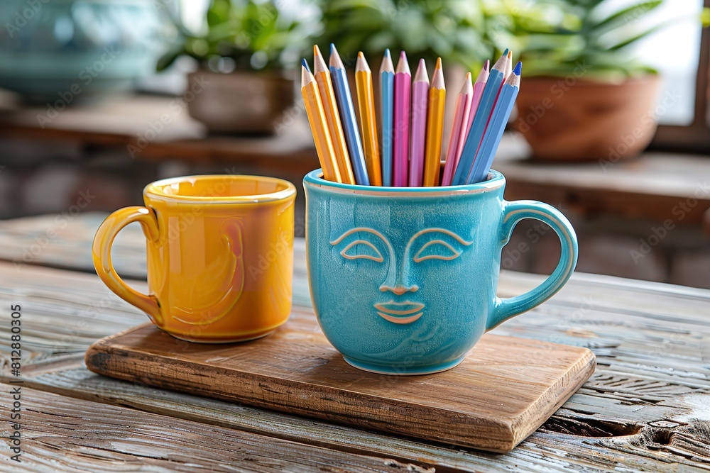 Two mugs and a set of colored pencils neatly arranged on a wooden tray