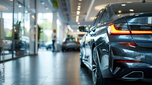 Rearview car parked in luxury showroom. Car dealership office. New car parked in modern showroom. Car for sale and rent business concept. Automobile leasing and insurance concept. Electric automobile.