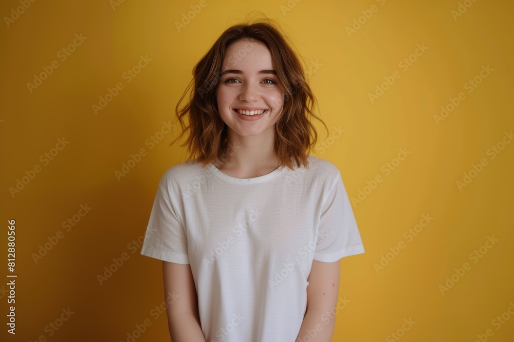 Smiling Young Woman on Yellow Background. Generative AI. Smiling Young Woman on Yellow Background. Generative AI.