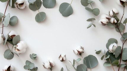 Flowers composition Frame made of fresh eucalyptus branches and cotton flowers Flat lay top view copy space : Generative AI