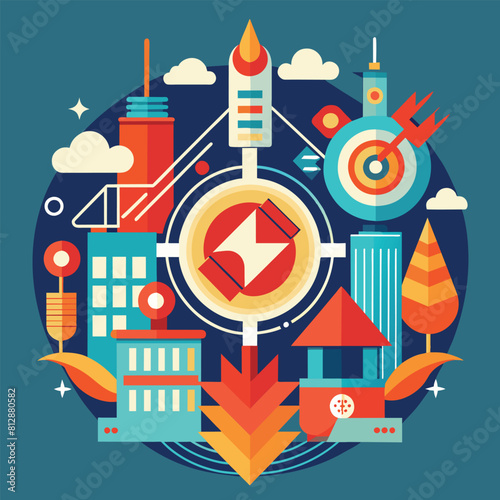 A circular arrangement featuring a variety of different objects, Clean and modern design reflecting the power of technology