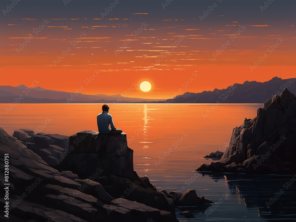 Evening Solace  A person sitting on a cliff overlooking the ocean at evening, side view, solitary reflection, robotic tone, Splitcomplementary color scheme