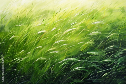 A painting of a field of grass with a bright green color