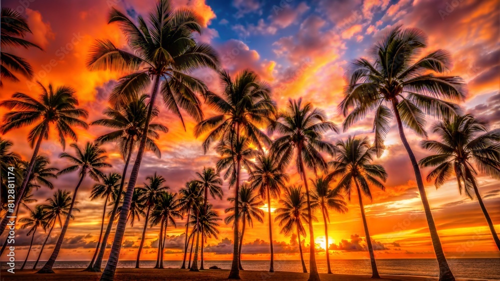 Tropical Paradise Sunset: Palm trees sway against the backdrop of a fiery sunset, their silhouettes contrasting against the vivid oranges and purples of the sky, creating a scene of tropical bliss.