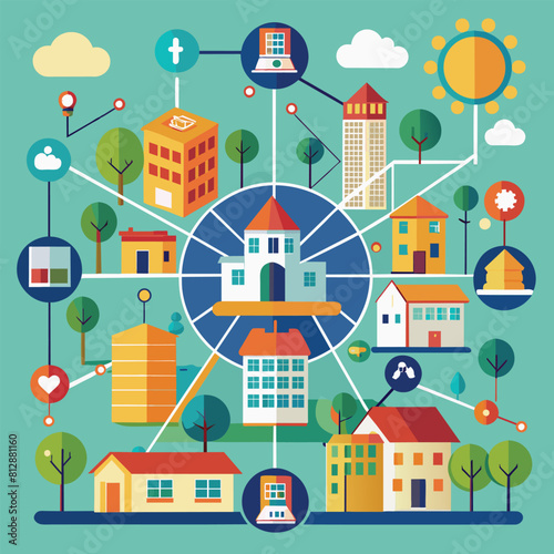 Minimalist graphic showing interconnected circle with houses and trees surrounding it, Construct a minimalist graphic of interconnected urban neighborhoods, emphasizing community and connectivity
