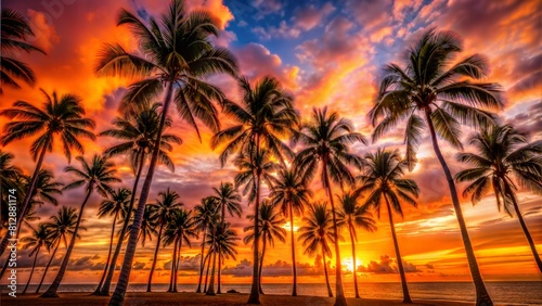 Tropical Paradise Sunset: Palm trees sway against the backdrop of a fiery sunset, their silhouettes contrasting against the vivid oranges and purples of the sky, creating a scene of tropical bliss.