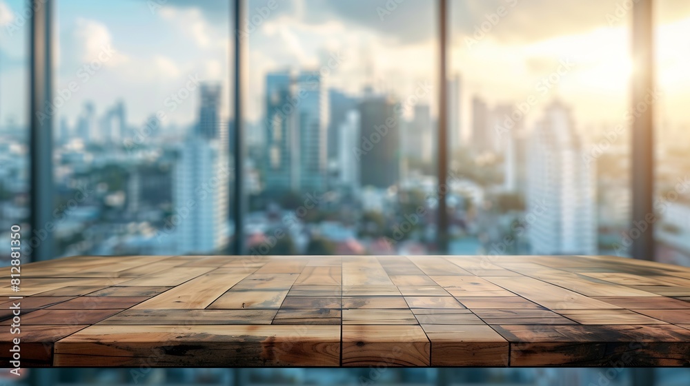 Wood table top on blur window glasswall background with city viewFor montage product display or design key visual layout : Generative AI