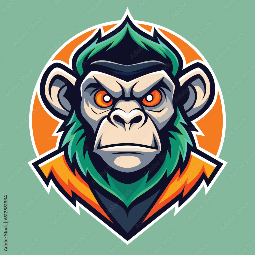 Fototapeta premium A monkey with vibrant green hair and striking orange eyes, cool monkey logo design vector illustrator