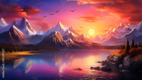 Sunset Majesty  A majestic mountain range bathed in the light of sunset  front view  regal landscape  cybernetic tone  Tetradic color scheme