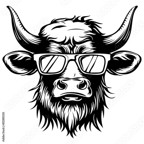 Cool Cattle wearing sunglass black silhouette logo svg vector, buffalo icon illustration.	