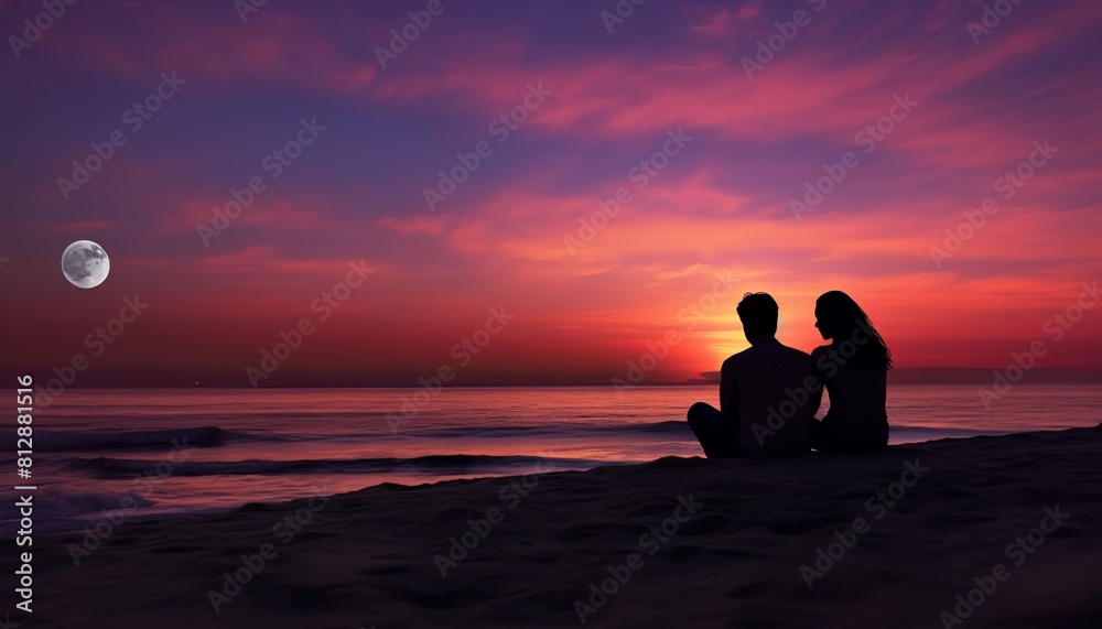 Twilight Bliss  A couple enjoying a blissful moment at twilight on a beach, top view, romantic twilight, advanced tone, Triadic Color Scheme