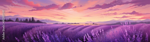 Twilight Breeze The gentle breeze at twilight moving through a field of lavender, top view, lavender field, robotic tone, Tetradic color scheme