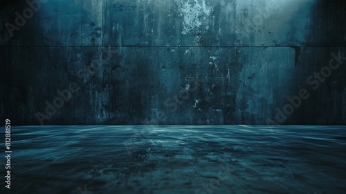The image is a dark  blue-lit room. The walls are made of stone and the floor is made of metal. There is a door on the left side of the room and a window on the right side.