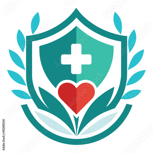 A shield featuring a heart and cross emblem, Craft a minimalist emblem that signifies medical professionalism, with a subtle nod to care and compassion