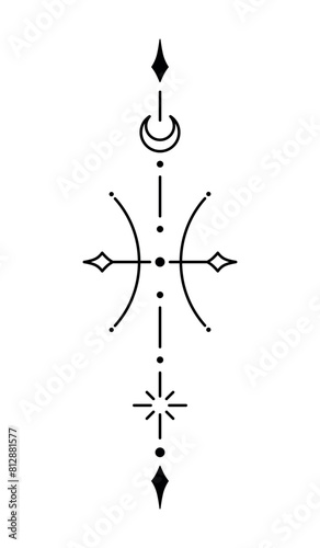 Pisces zodiac sign and symbol blackwork tattoo. Sacred geometry horoscope tattoo design, mystic symbol of constellation. New school dotwork, line art minimalist style tattoo. Boho design.