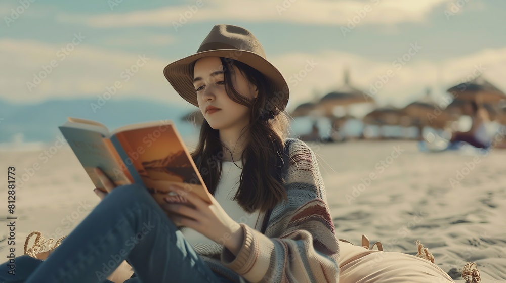 Portrait of a young brunette relaxing on the beach reading a book : Generative AI