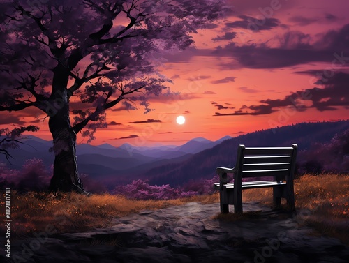 Twilight Solace A quiet bench overlooking a twilightlit valley, front view, tranquil retreat, robotic tone, Complementary Color Scheme