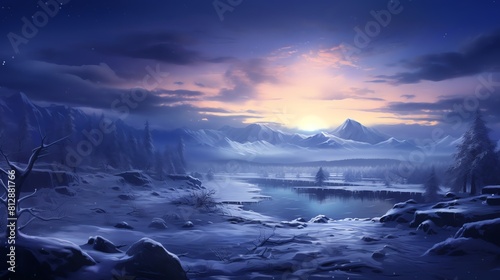 Twilight Tranquility  A tranquil twilight scene over a snowy landscape  top view  peaceful cold  cybernetic tone  Monochromatic Color Scheme