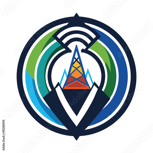 A logo for a company featuring a modern twist on a mountain design in the center, Craft a minimalistic logo with a modern twist for a broadcasting company