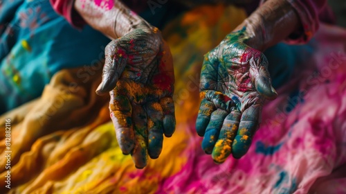 Colorful hands of a person celebrating the Hindu holiday Holi. photo