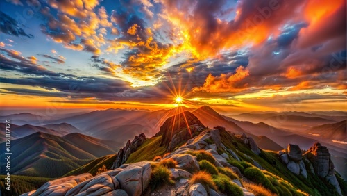 Majestic Mountain Sunset: Atop a lofty mountain peak, the sky erupts in a spectacular display of color as the sun dips below the horizon, casting a warm glow over the rugged landscape below. photo