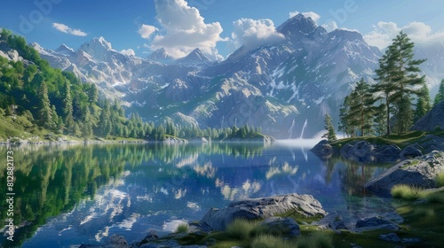 landscape with lake and mountains hyper realistic 