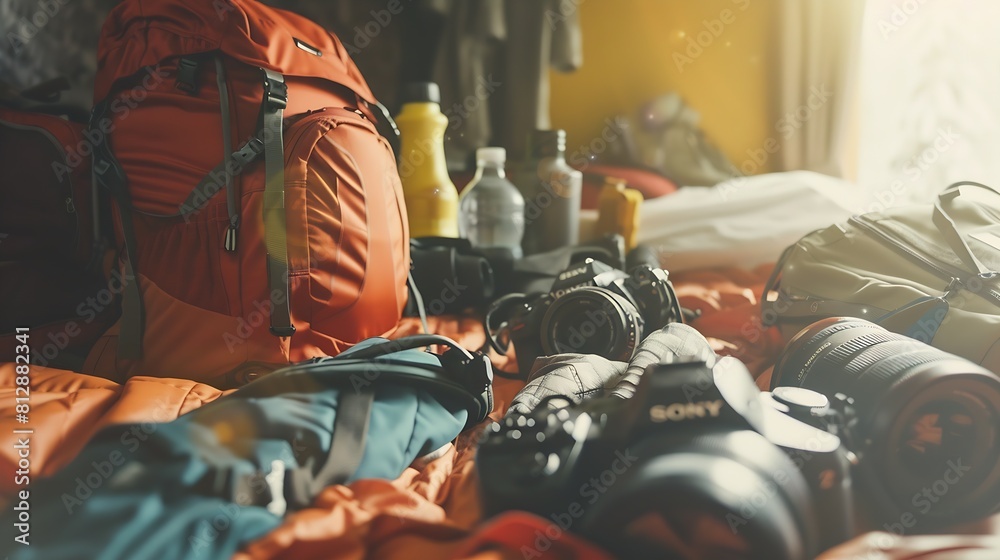 © Generative AI - Backpacking suitcase and equipment for summer travel vacation or holiday getaway kit preparation on bed Tourism packing and items for traveler trip or tourist adventure explorer gear i : Generative AI