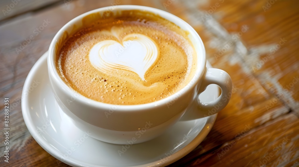 Perfectly Crafted Heart-Shaped Latte Art in a White Coffee Cup on a Wooden Table Perfectly Crafted Heart-Shaped Latte Art in a White Coffee Cup on a Wooden Table