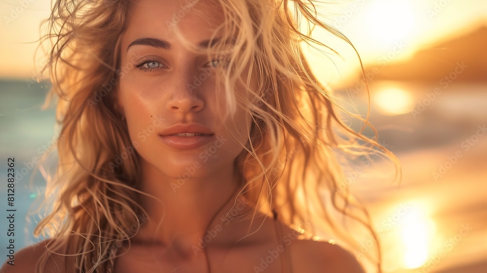 Close up portrait of beautiful blond woman in sexy swimwear posing on the beach in sunset light Prtfect wavy hairs tan skim body Summer tropical mood : Generative AI Close up portrait of beautiful blond woman in sexy swimwear posing on the beach in sunset light Prtfect wavy hairs tan skim body Summer tropical mood : Generative AI