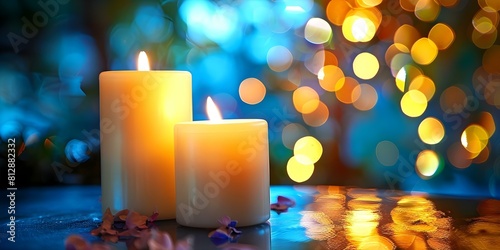 Creating a Cozy Atmosphere with a White Candle Against a Serene Background. Concept Cozy Ambiance  White Candle  Serene Background