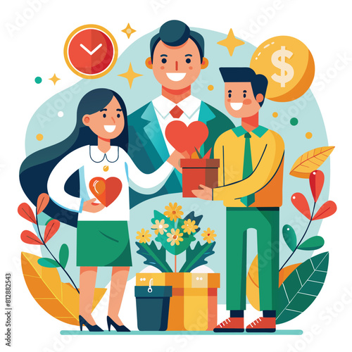 A man and woman stand together, holding a heart symbol surrounded by various gift boxes and items, Craft a sophisticated graphic representing generosity and graciousness photo