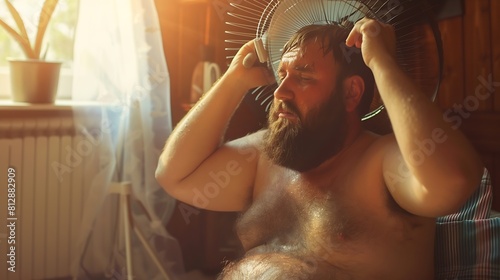 Funny sweaty chubby bearded man in swimsuit sitting at home suffering from crazy summer heat wiping sweat off forehead holding electric fan wishing for heatwave to stop and fresh breez : Generative AI