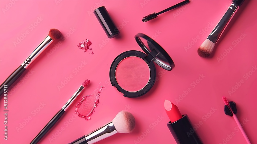 Overhead flat lay of make up items against a pink background various brushes lipstick eye shadow and blush : Generative AI Overhead flat lay of make up items against a pink background various brushes lipstick eye shadow and blush : Generative AI