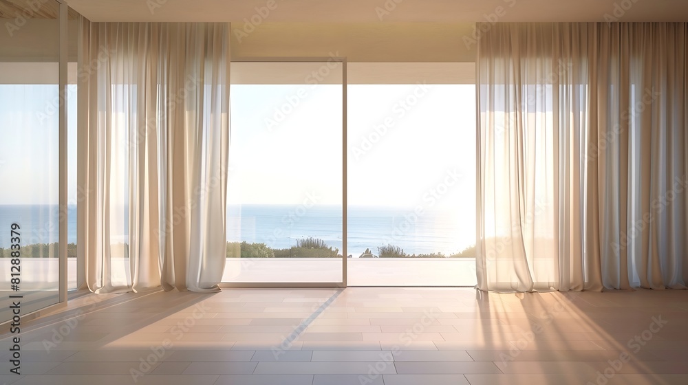 Fototapeta premium Empty room in luxury summer beach house with sea view behind curtains Tropical architecture interior design with neutral color material Minimal natural aesthetic background : Generative AI