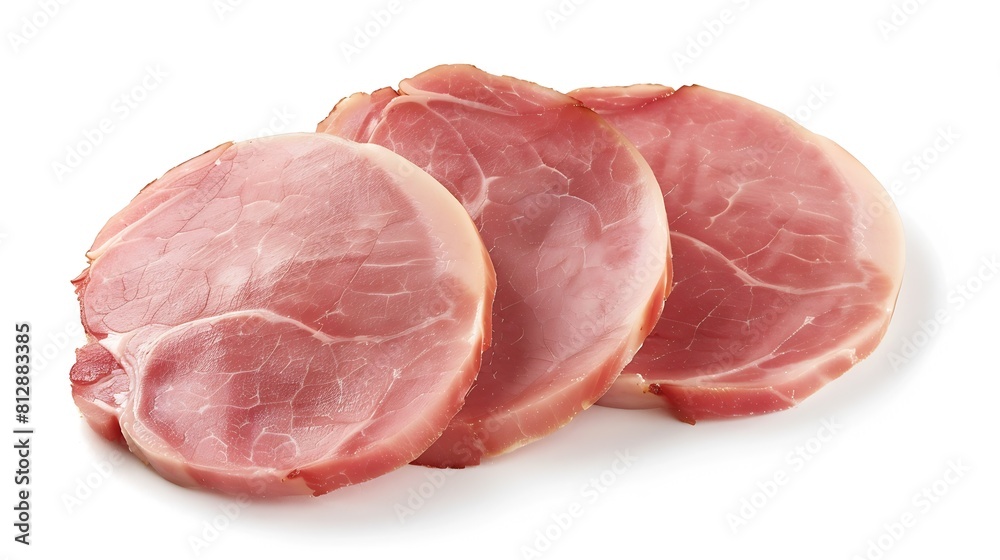 round pieces of ham isolated on white background three pieces of pork ham cut into slices laid out to create layout italian food with clipping path : Generative AI round pieces of ham isolated on white background three pieces of pork ham cut into slices laid out to create layout italian food with clipping path : Generative AI