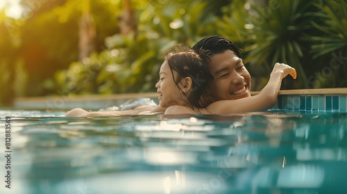 Happy Family Daughter and father relaxing in the swimming pool together   Generative AI