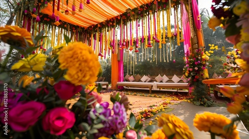 Vibrant Mehndi decorations adorned with an array of colorful blooms  adding a festive touch to the ceremonial space