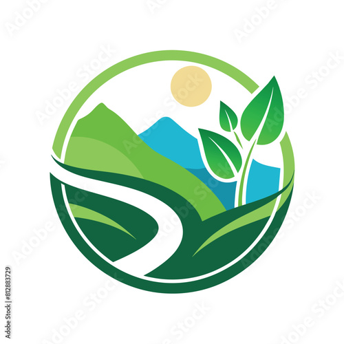 Logo design featuring a green leaf symbol with a mountain silhouette in the background, Create a minimalist logo for a non-profit organization focused on environmental conservation