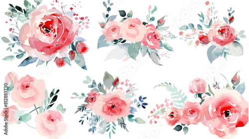 Set of watercolor rose floral bouquets in pastel pink and red colors