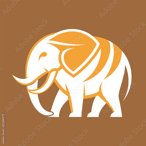A majestic elephant with tusks standing on a brown background, Create a minimalist logo with a subtle nod to the strength and grace of an elephant