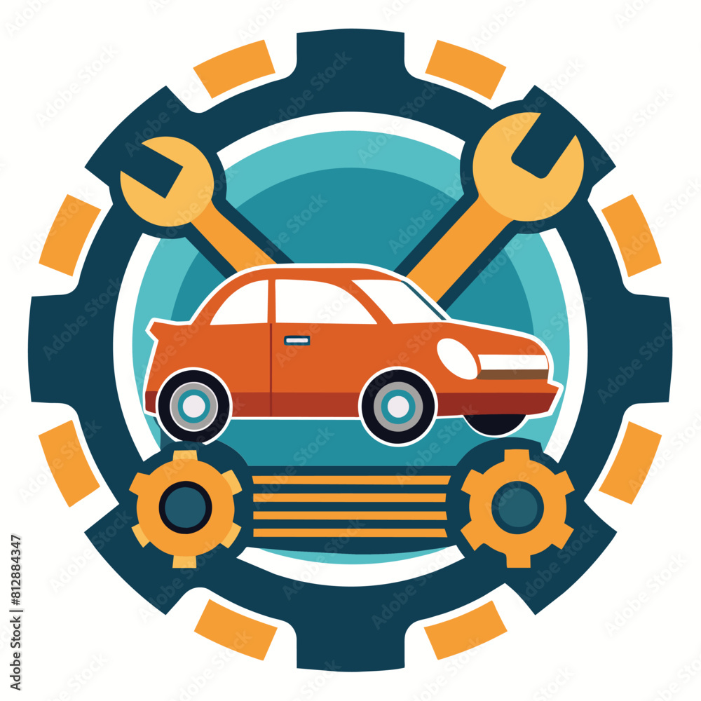 Naklejka premium A car with a wrench and another wrench on top, suggesting maintenance or repairs, Create a simple yet stylish graphic for an automotive maintenance company