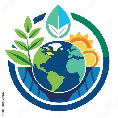 The earth surrounded by green leaves under the bright sun, Create a simple and symbolic logo for an organization combatting climate change