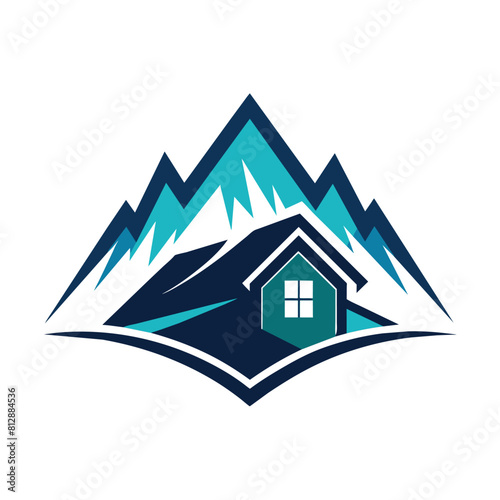 A house stands against a backdrop of majestic mountains, Create a sleek and modern logo for a mountain resort, minimalist logo