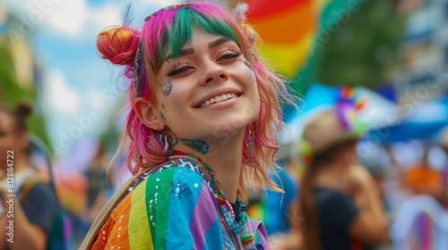 portrait of queer young woman with lgbtqia rainbow pride flag themed clothing and pink green hairstyle and tattos in pride parade hyper realistic 