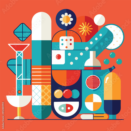 Various items are scattered on a vibrant red background, creating a colorful and dynamic composition, Create an artistic representation of pharmaceuticals in a minimalist style